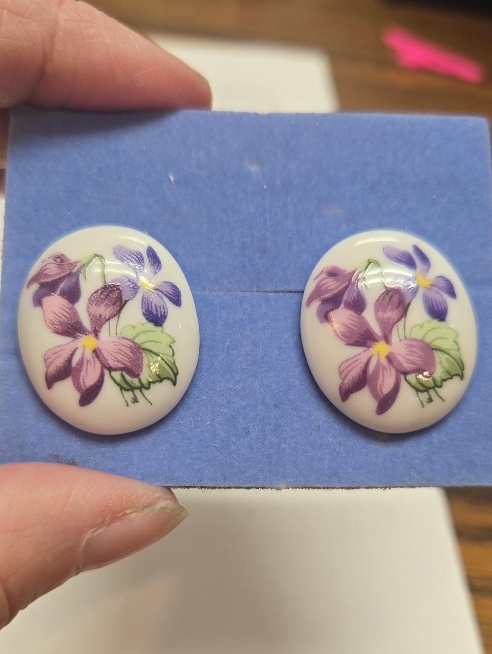 Oval Porcelain Floral PIERCED Earrings - Purple & Green Violets